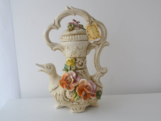 Capodimonte duck jug with lid, applied orange roses, original certificate, Italy circa 1970s, front view.