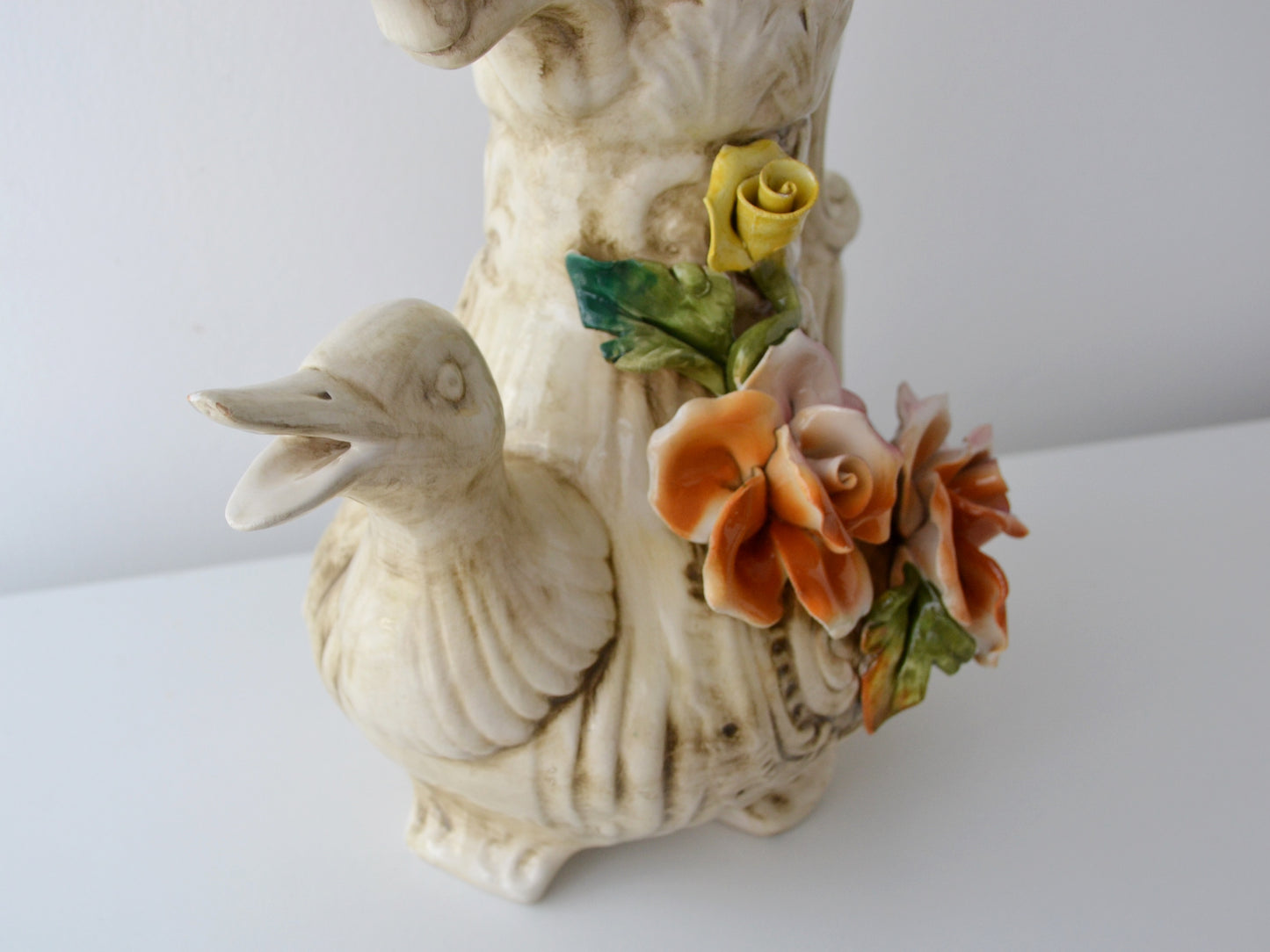 Capodimonte Duck Jug with Lid — Applied Roses, Original Certificate, Italy circa 1970s–80s