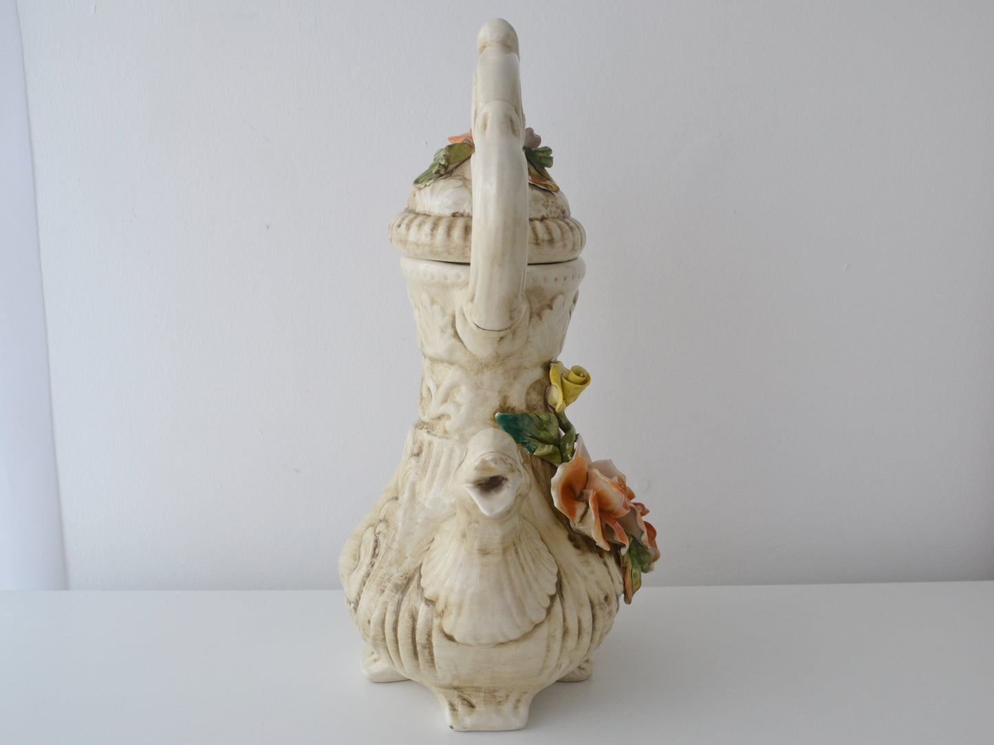 Capodimonte Duck Jug with Lid — Applied Roses, Original Certificate, Italy circa 1970s–80s