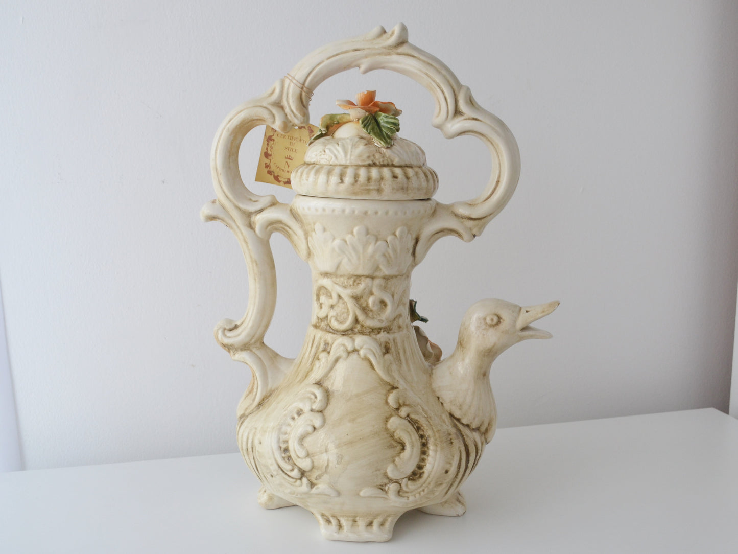 Capodimonte Duck Jug with Lid — Applied Roses, Original Certificate, Italy circa 1970s–80s