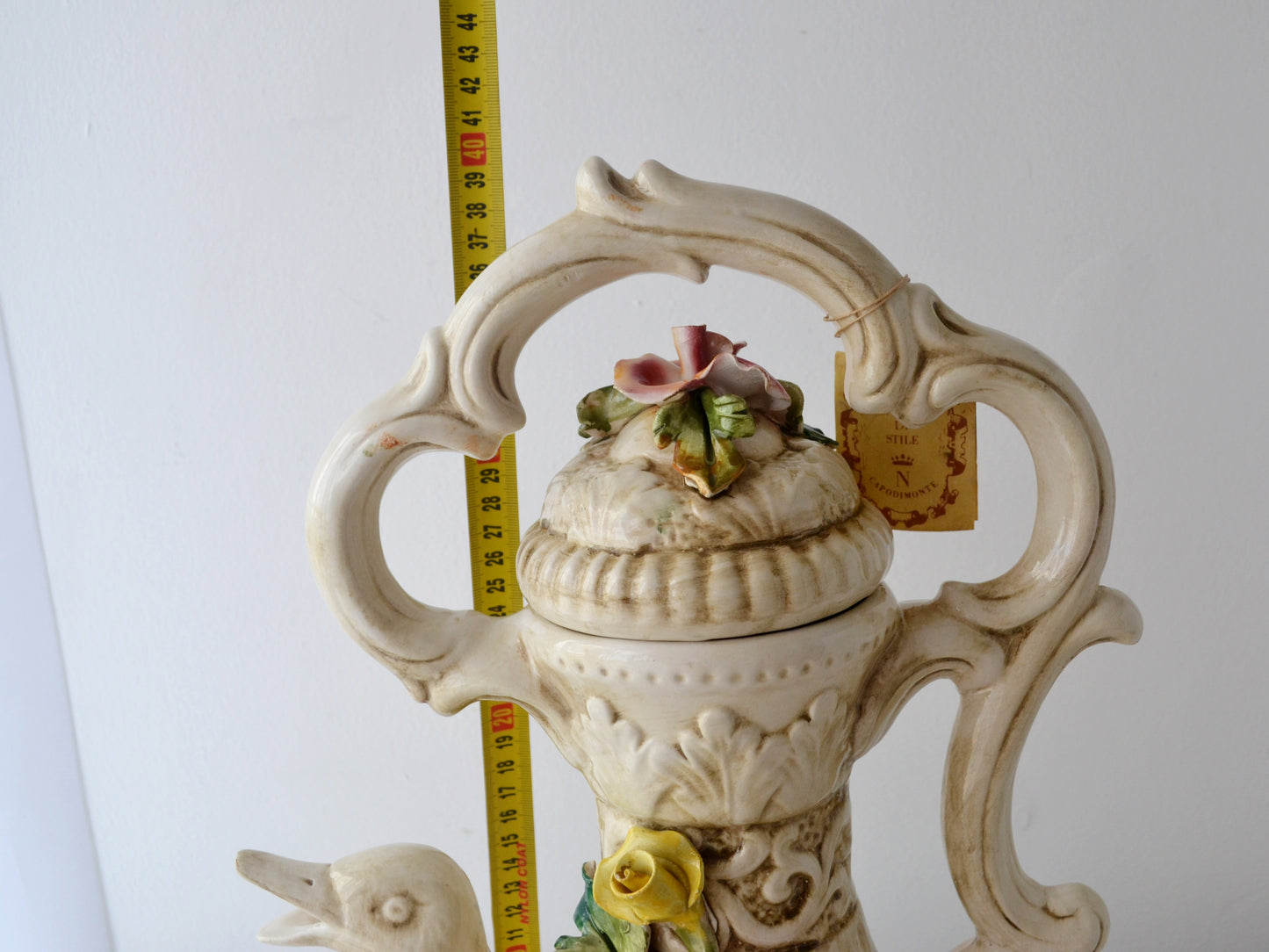 Capodimonte Duck Jug with Lid — Applied Roses, Original Certificate, Italy circa 1970s–80s