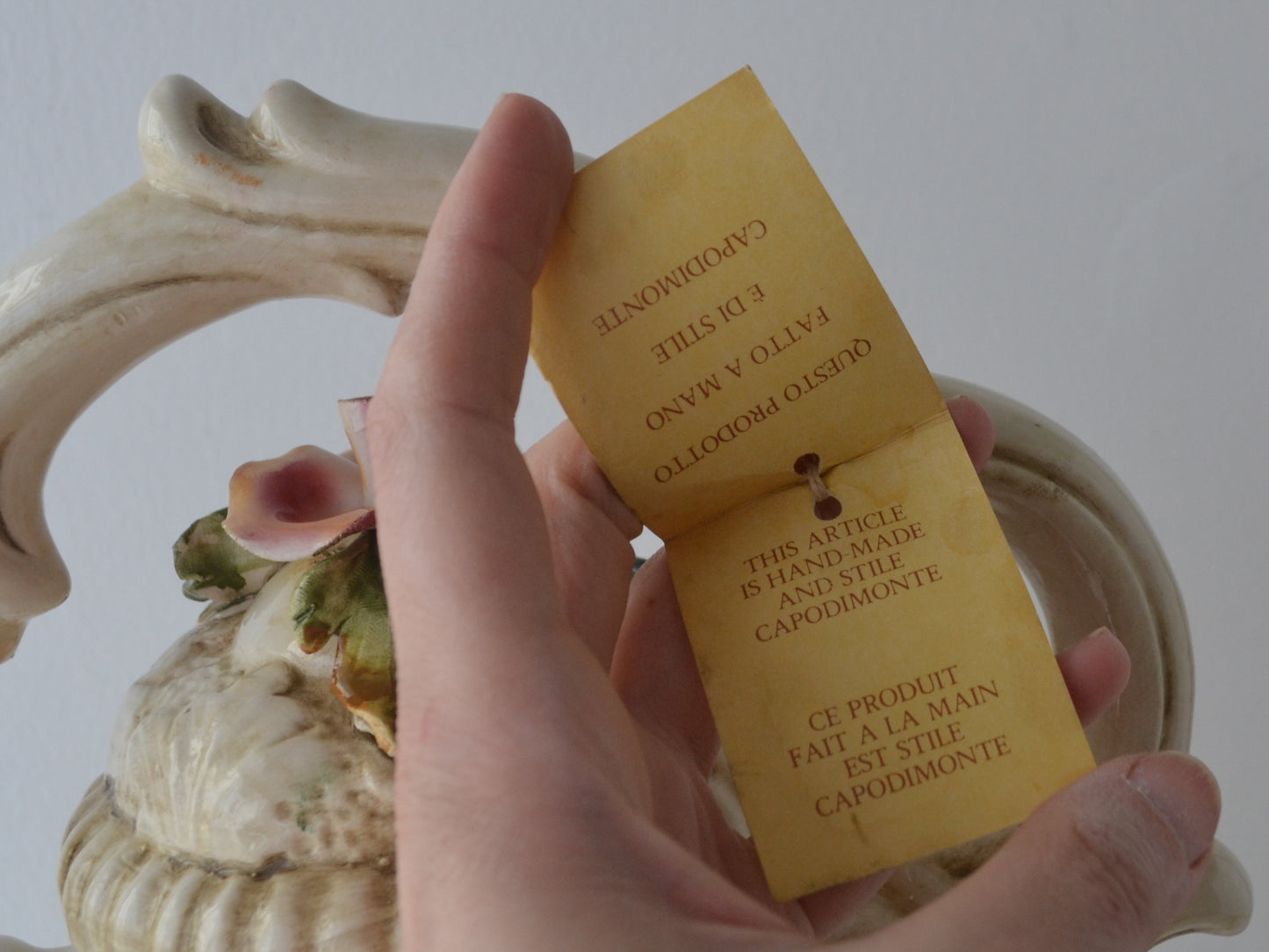  Original Certificato di Stile Capodimonte authentication tag on vintage Italian duck jug.