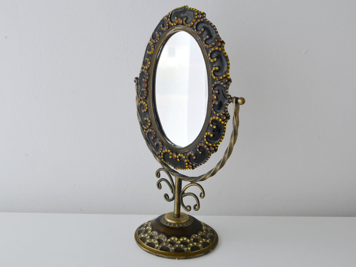 Brass Enamel Vanity Mirror on Stand — Jewelled Frame, India circa 1960s