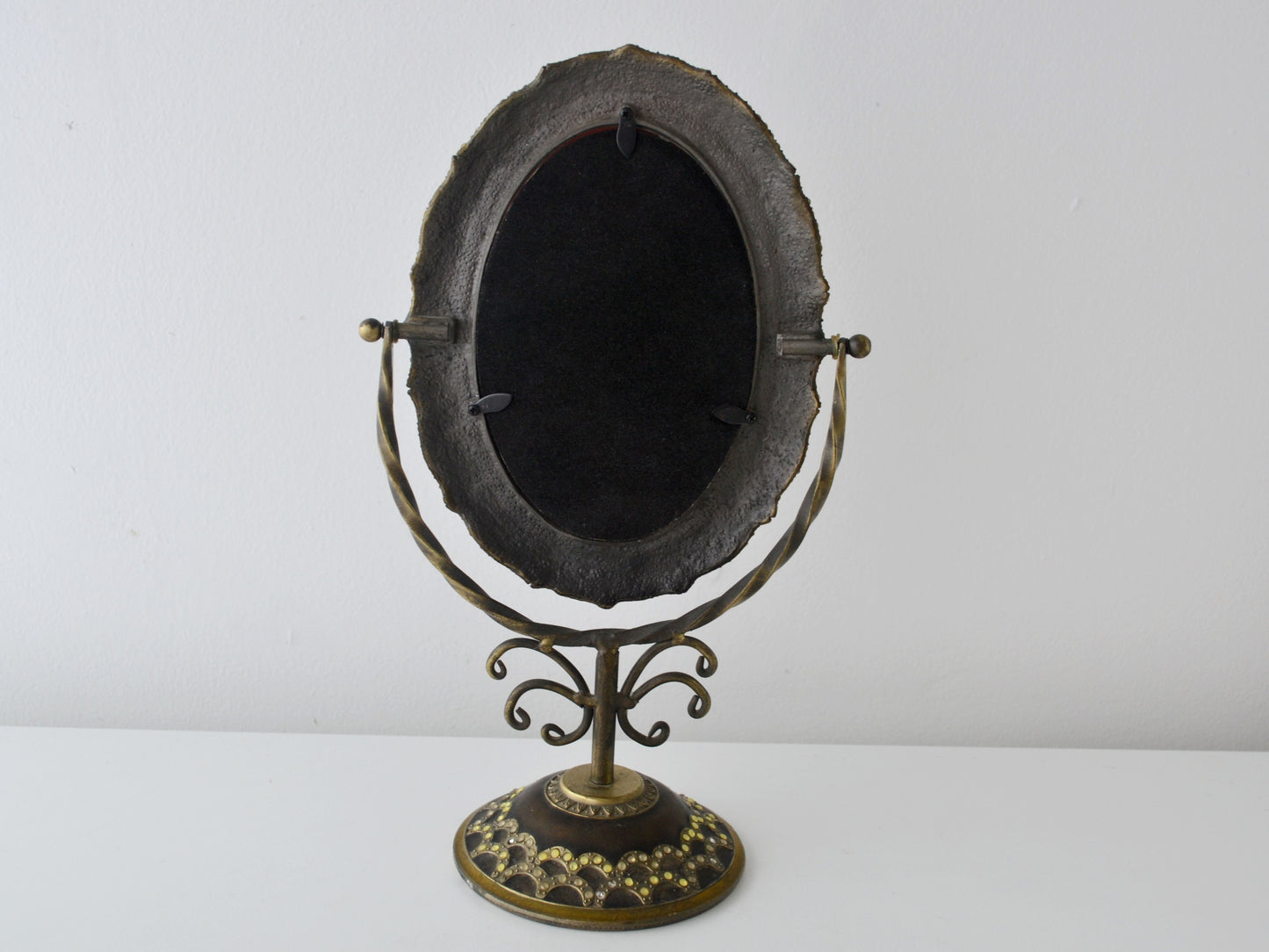 Brass Enamel Vanity Mirror on Stand — Jewelled Frame, India circa 1960s