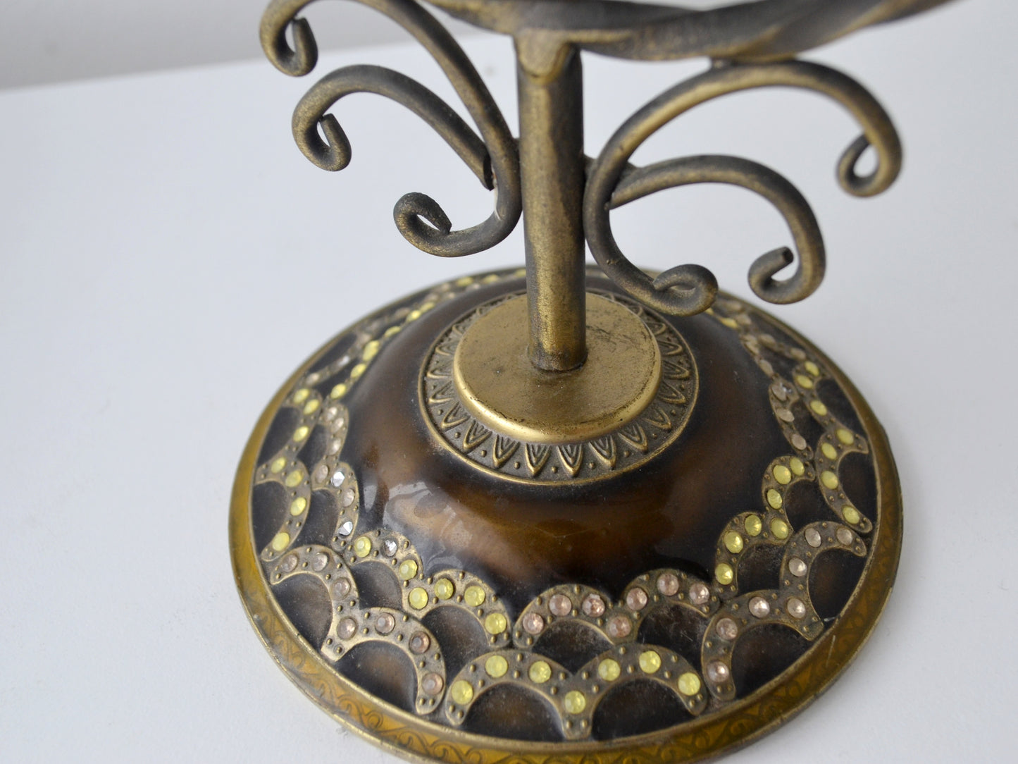Brass Enamel Vanity Mirror on Stand — Jewelled Frame, India circa 1960s
