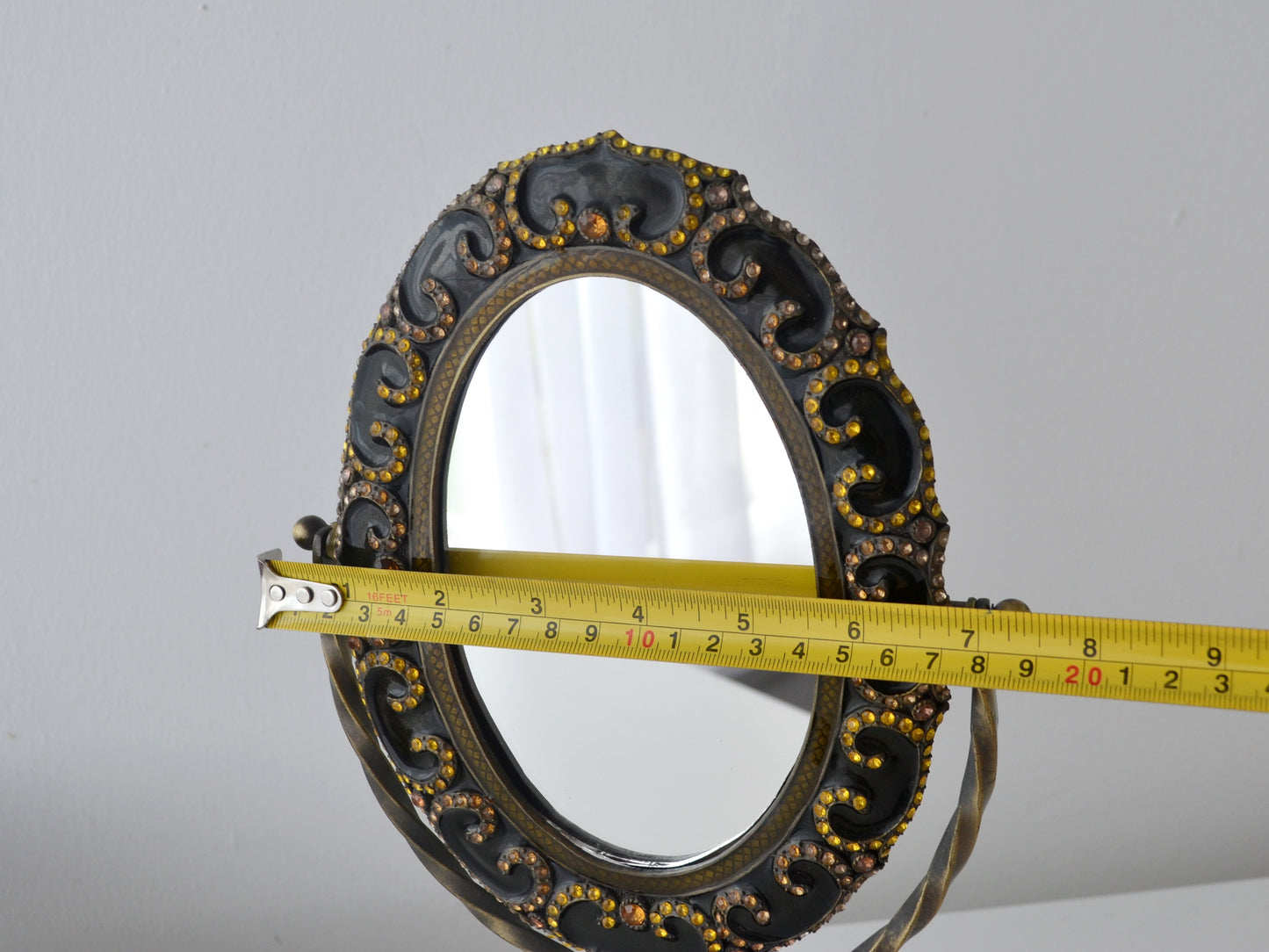 Brass Enamel Vanity Mirror on Stand — Jewelled Frame, India circa 1960s