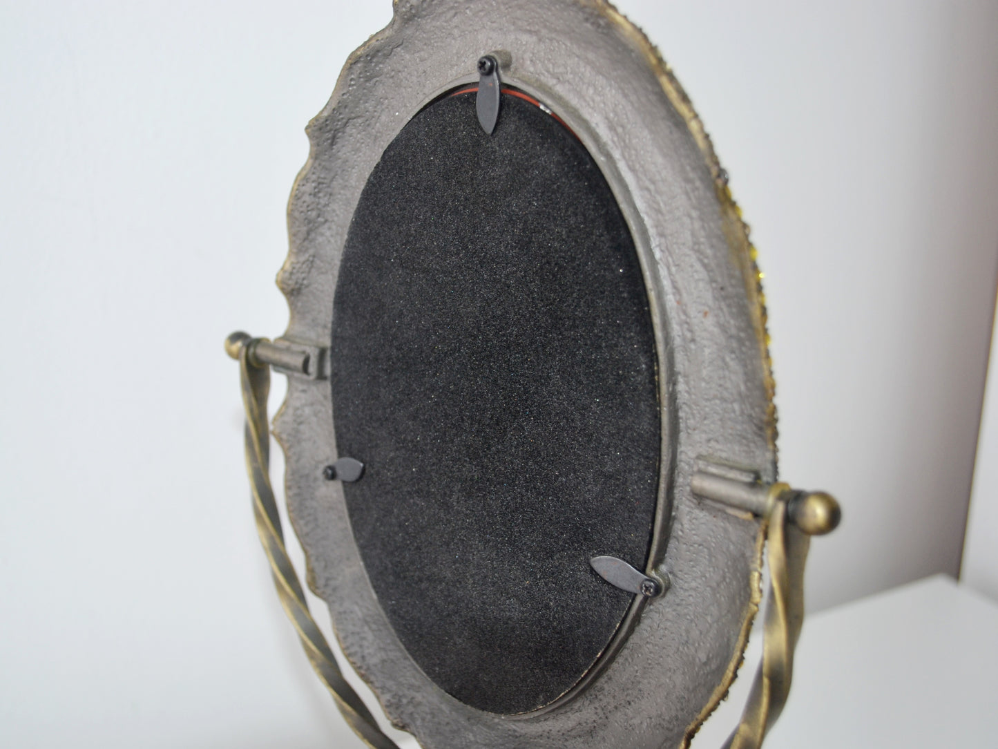 Brass Enamel Vanity Mirror on Stand — Jewelled Frame, India circa 1960s