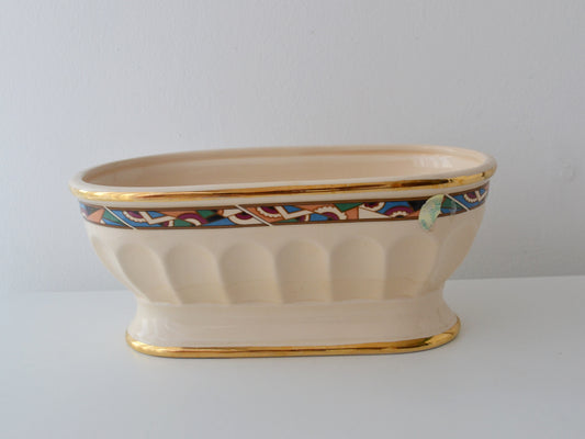  Frazarte Portuguese ceramic bowl, Art Deco style, gilt rim, front view. 