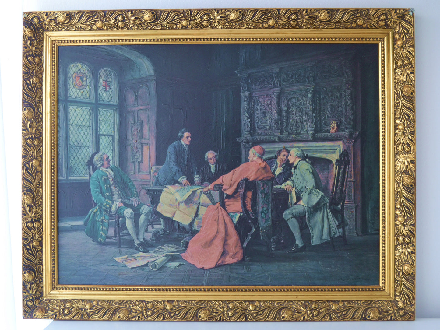 Vintage gilt-framed print after Margaret Dovaston, Georgian council scene, front view.