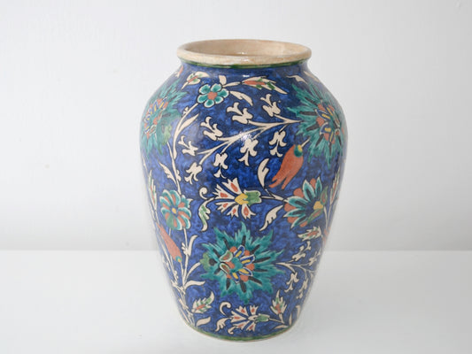 Armenian Palestinian Pottery vase, hand-painted cobalt blue Iznik floral decoration, Balian-Karakashian Jerusalem circa 1930s, front view