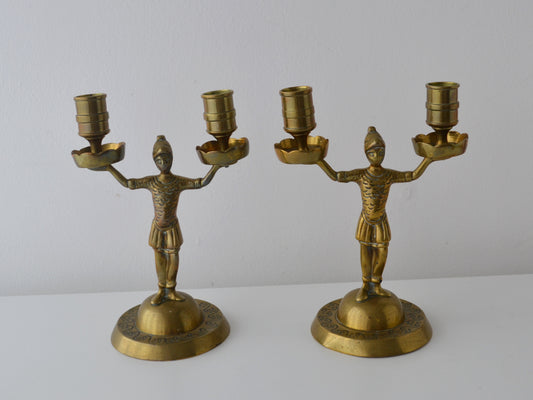 Pair of cast brass Empire figural candelabra, armoured soldier stems, twin scalloped sockets, Continental circa 1900, front view
