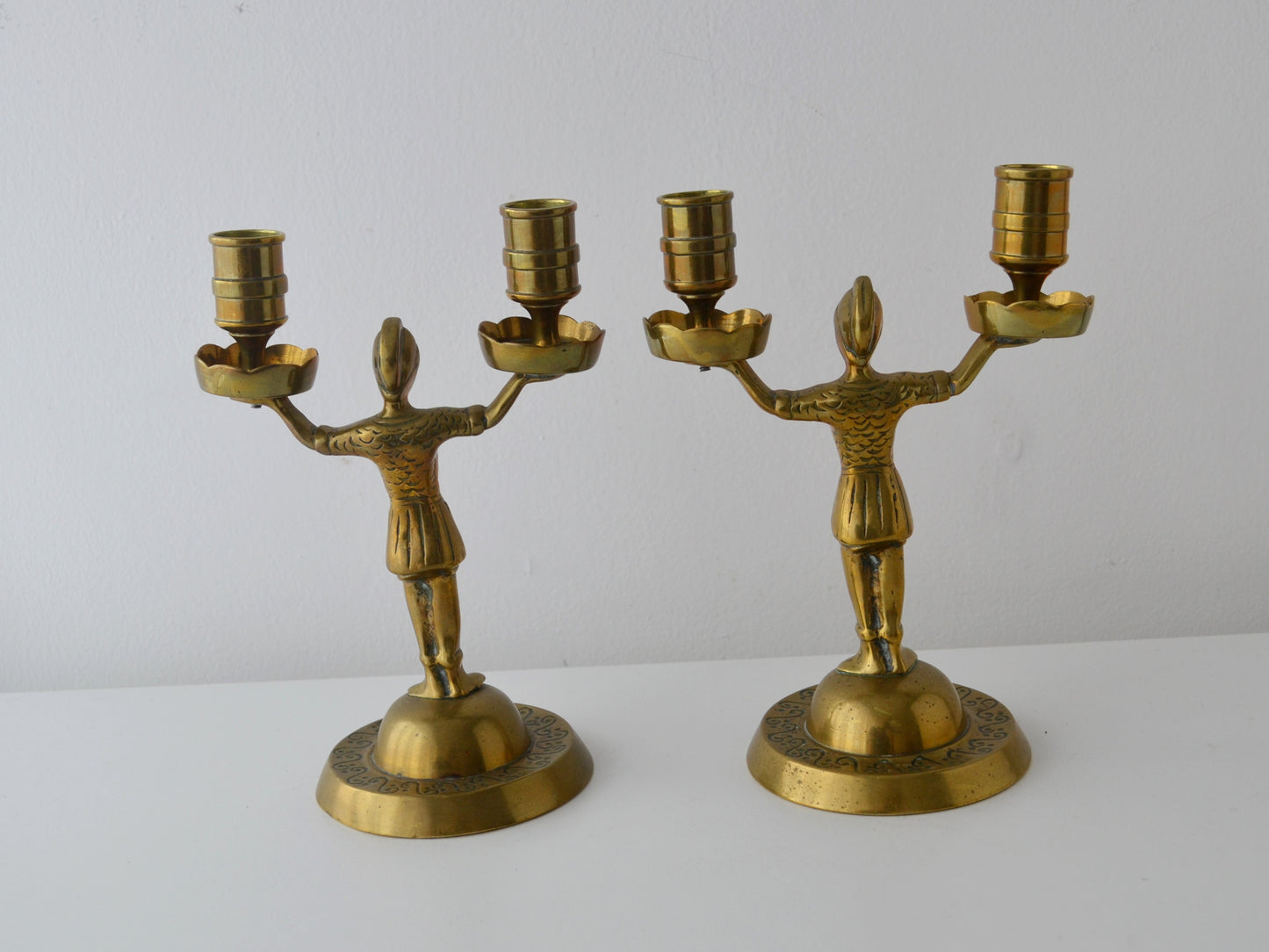 Brass Empire Figural Candelabra Pair — Armoured Soldiers, circa 1900