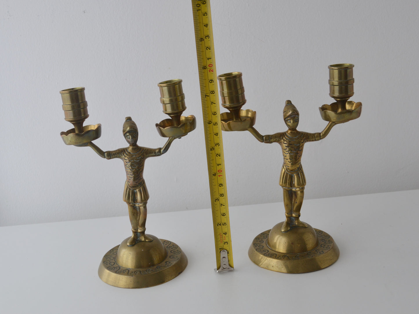 Brass Empire Figural Candelabra Pair — Armoured Soldiers, circa 1900