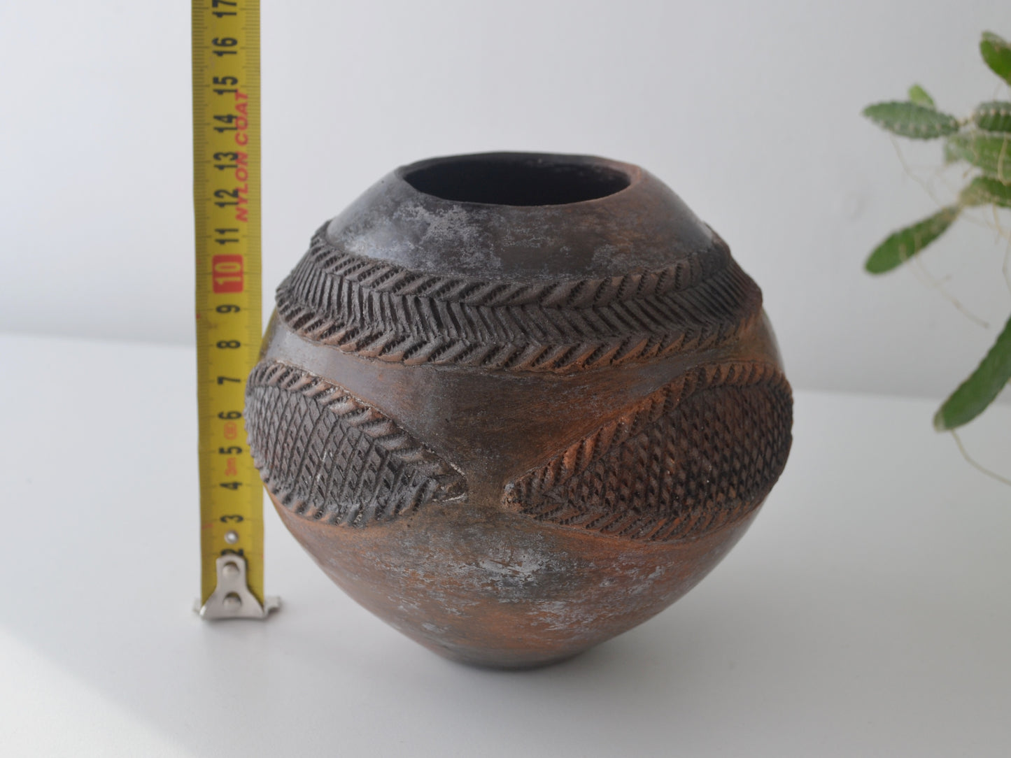 Zulu ukhamba height measurement showing 13cm, hand-coiled smoke-fired vessel by Mfeka KwaZulu-Natal