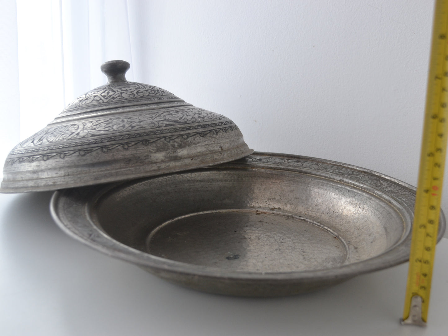 Persian Tinned Copper Sahan — Engraved Lidded Serving Dish, circa 1880s