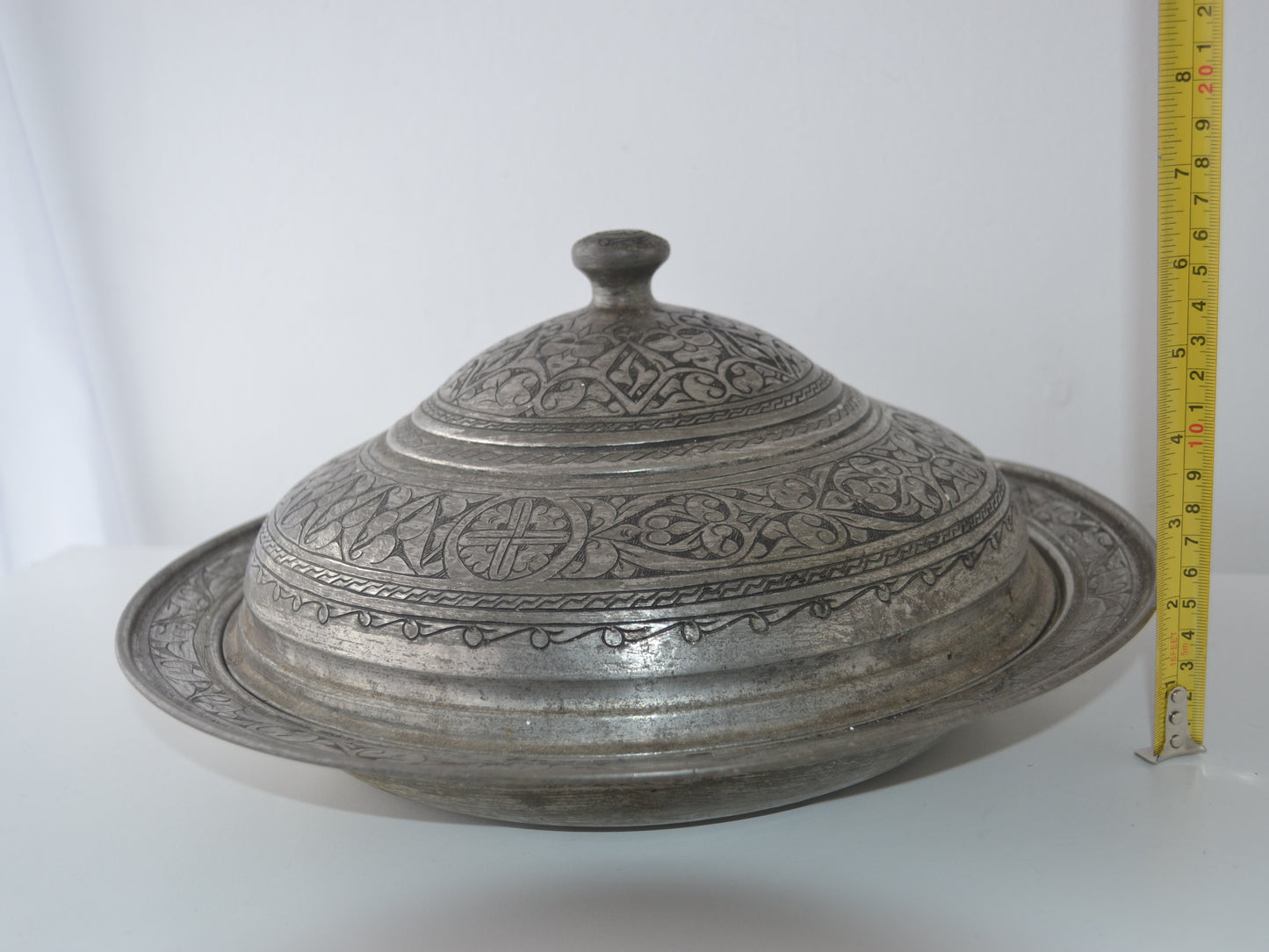 Persian Tinned Copper Sahan — Engraved Lidded Serving Dish, circa 1880s