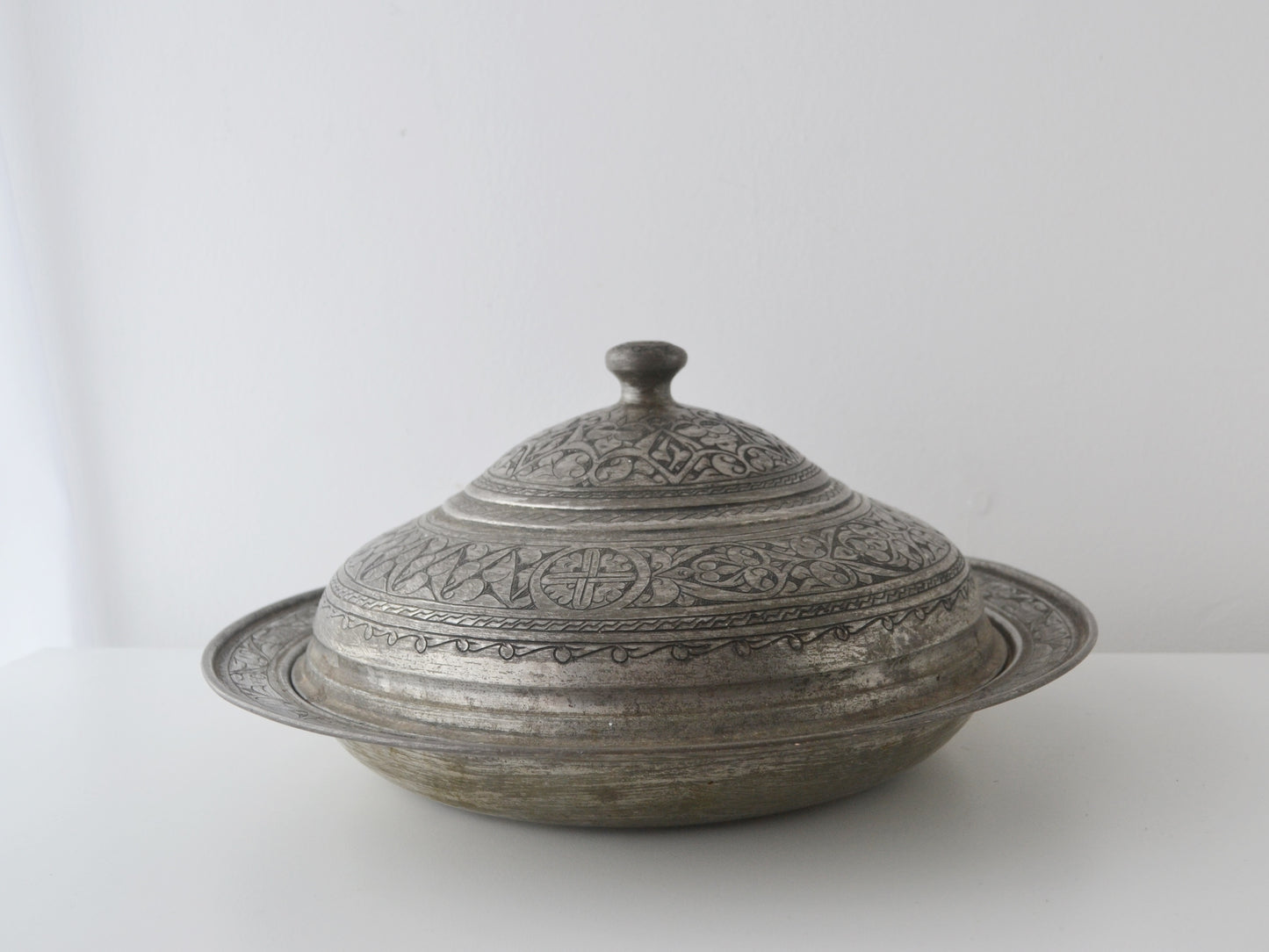 Persian Tinned Copper Sahan — Engraved Lidded Serving Dish, circa 1880s