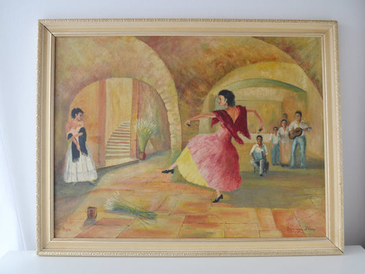 
'The Rivals' original oil on canvas by Benjamin Sharp, 1974, flamenco scene with arches, naïve figurative style, framed, front view