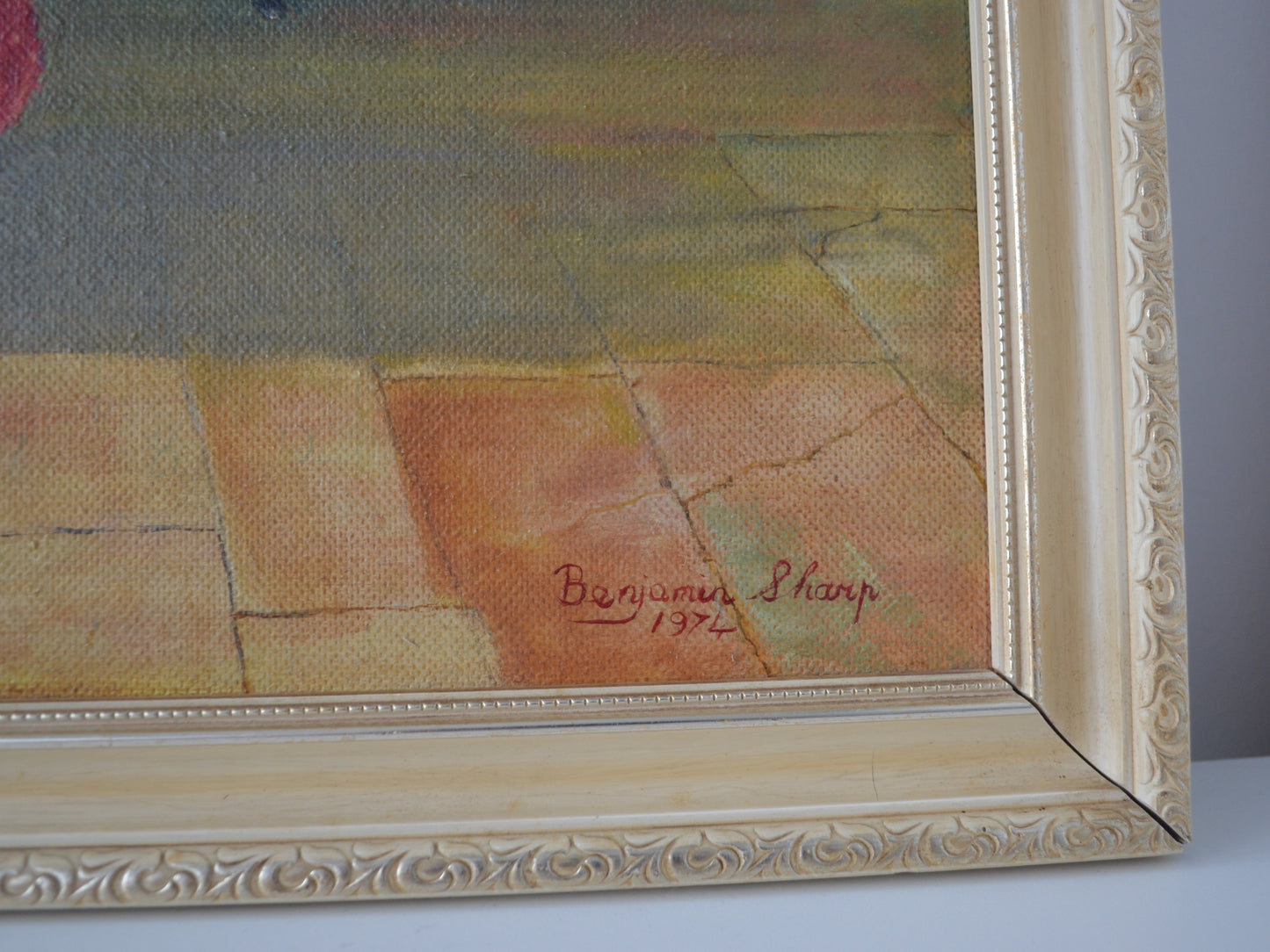 
Signature detail of 'The Rivals' by Benjamin Sharp, signed and dated 1974, lower right corner