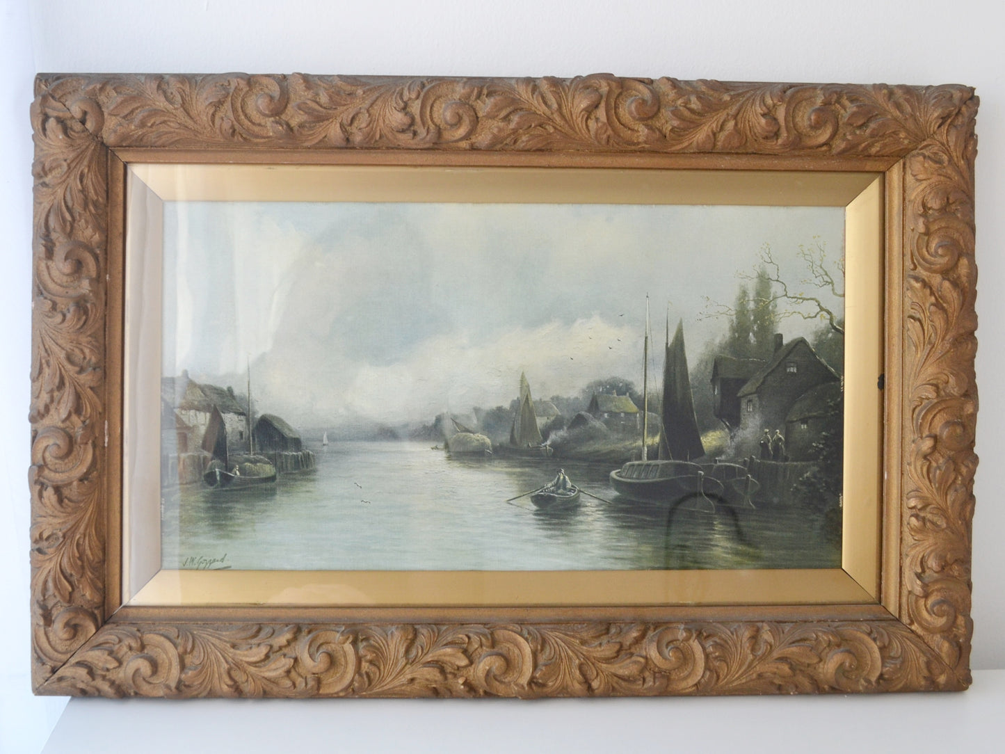 J.W. Gozzard harbour scene framed print, deep acanthus box frame, England circa 1900–10, front view.