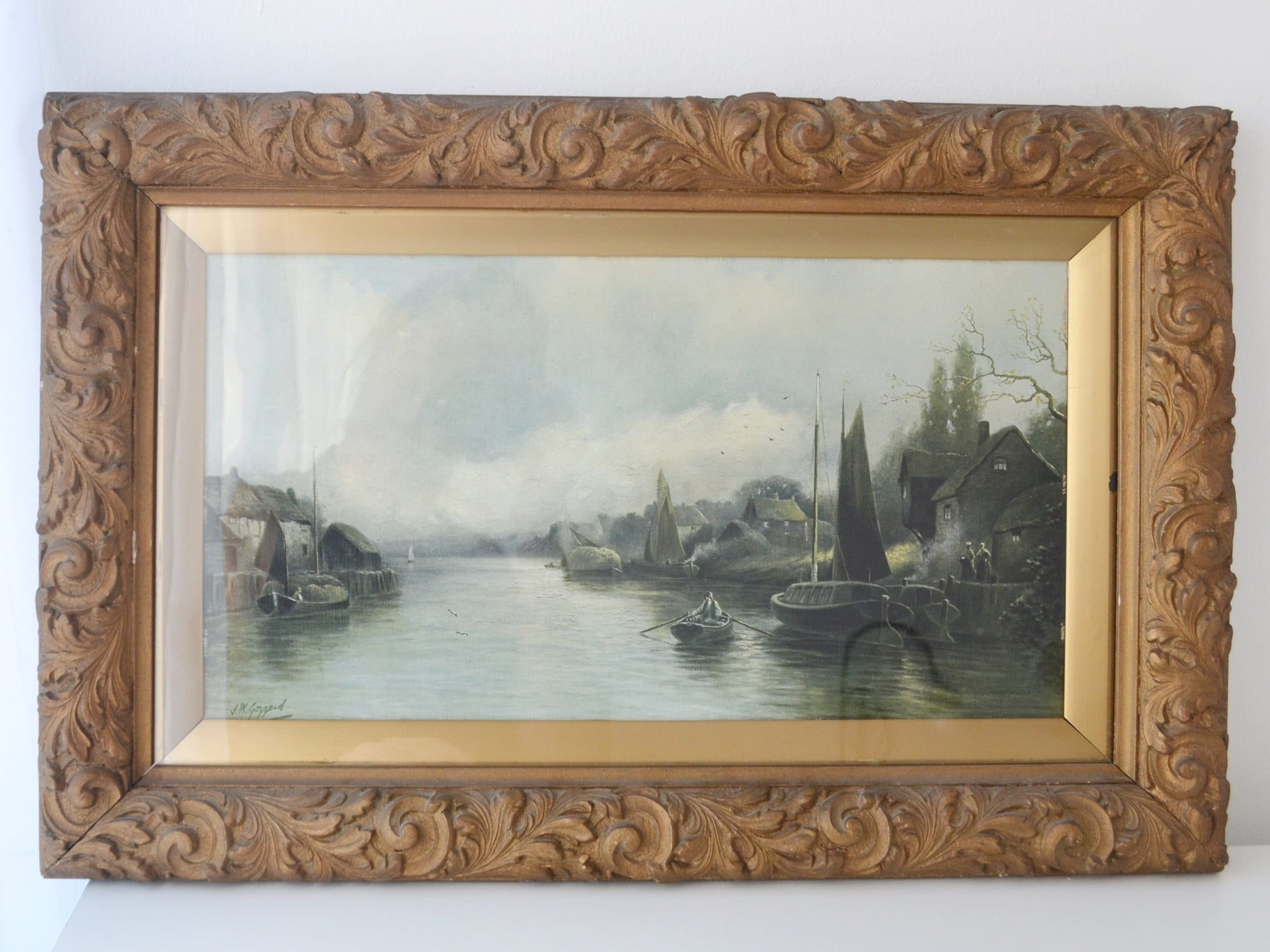 J.W. Gozzard harbour scene framed print, deep acanthus box frame, England circa 1900–10, front view.