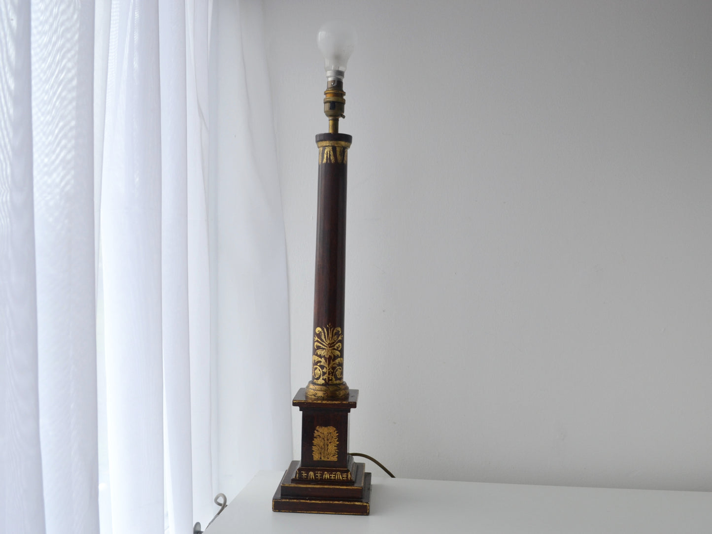 French Empire lacquered wood column table lamp base, gilt neoclassical ornament, crimson and gold, full view