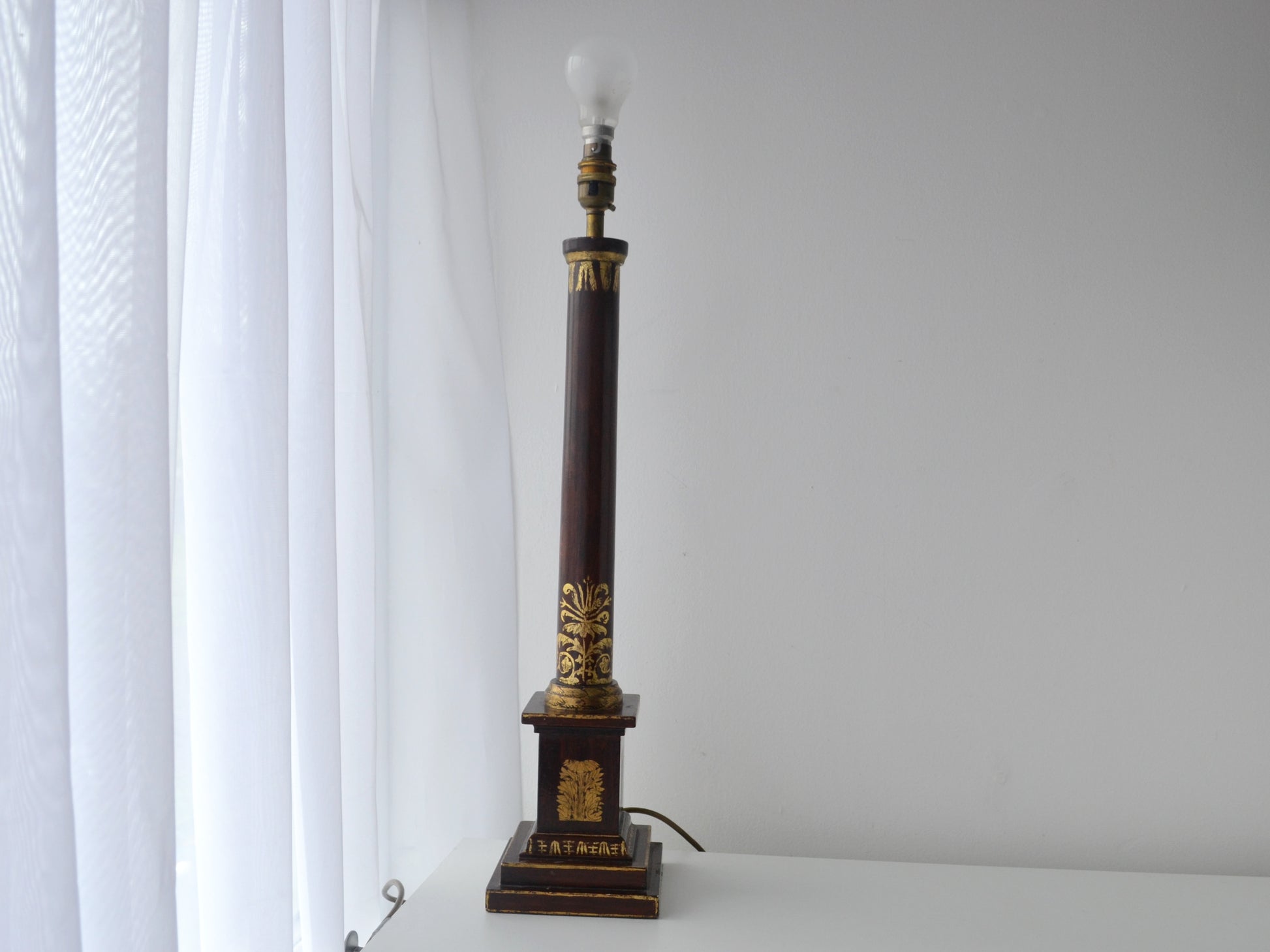 French Empire lacquered wood column table lamp base, gilt neoclassical ornament, crimson and gold, full view