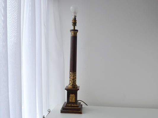 French Empire lacquered wood column table lamp base, gilt neoclassical ornament, crimson and gold, full view