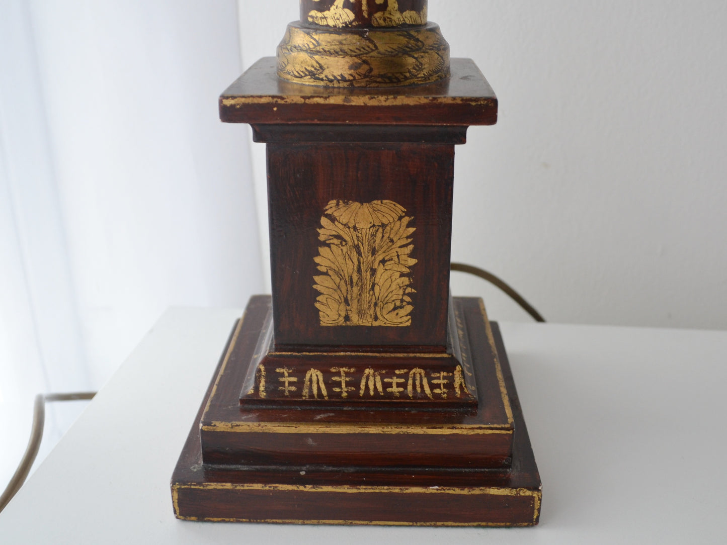 French Empire Lacquered Wood Column Table Lamp — Gilt Neoclassical Ornament, Lilley Fitting, England