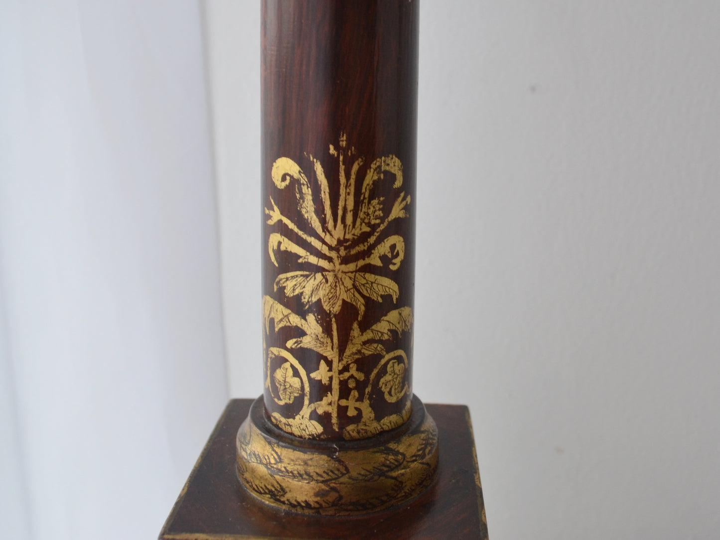 French Empire Lacquered Wood Column Table Lamp — Gilt Neoclassical Ornament, Lilley Fitting, England